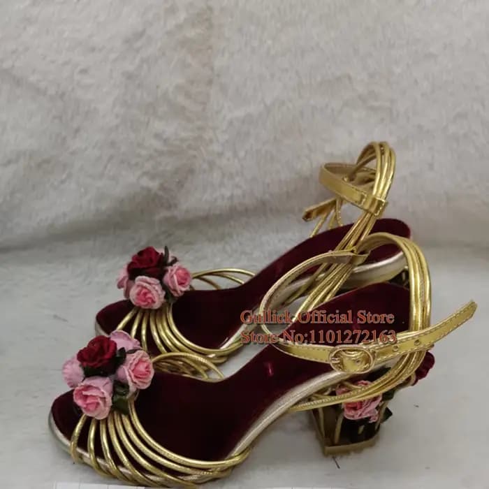 Cage à oiseaux de luxe femmes sandales or métallique cuir sandales à lanières fleur florale bride à 