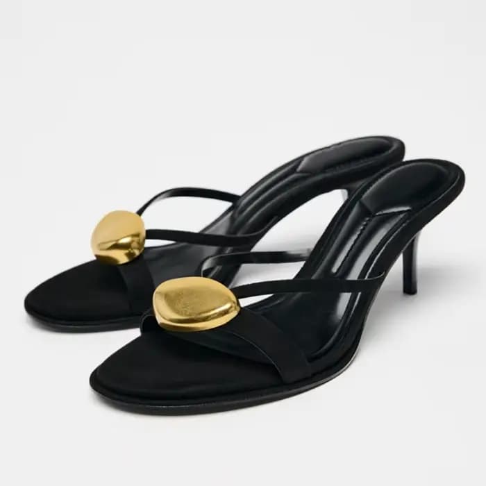 Marque de luxe bout ouvert femmes sandales à talons 2025 nouveau Chic décoration en métal talons hau