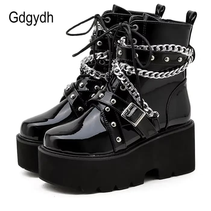 Gdgydh – bottes à chaîne Sexy pour femme, avec boucle de cheville, talon carré, semelle épaisse, Sty