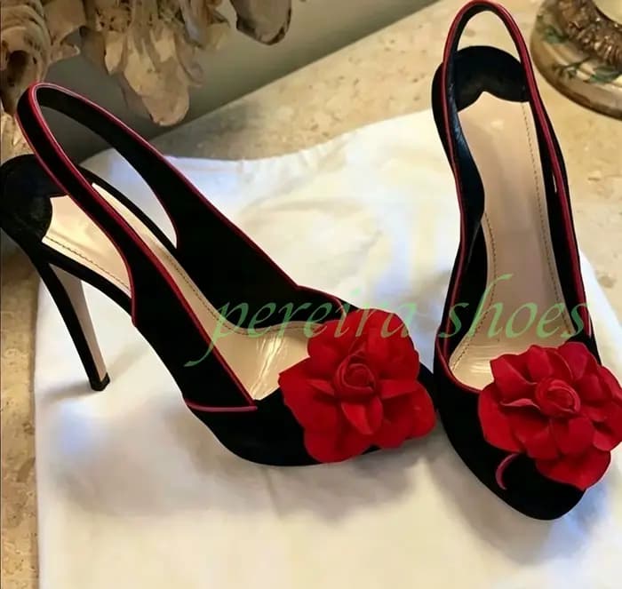 Escarpins Slingback pour femme en daim noir à talon aiguille, avec fleur de rose rouge 3D, pour soir
