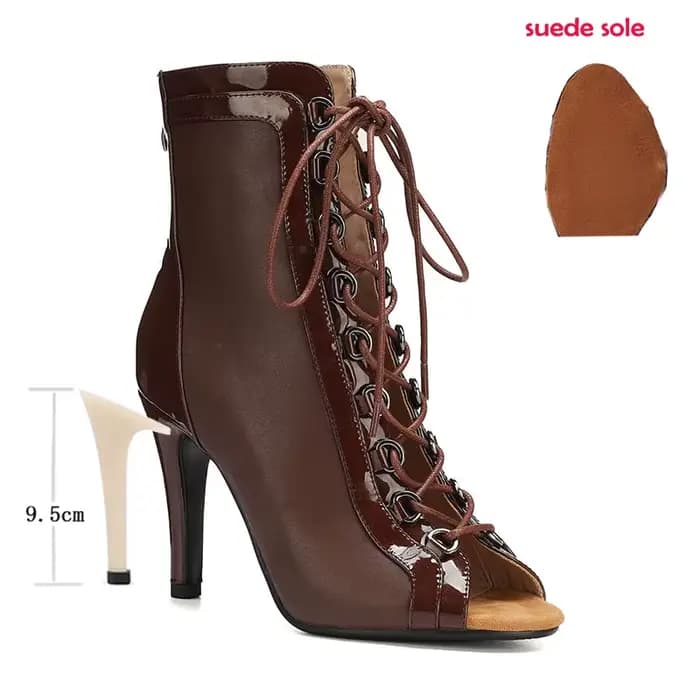 Bottines de danse latine Beige et noir pour femmes, bout ouvert, talons hauts, semelles en daim, cha