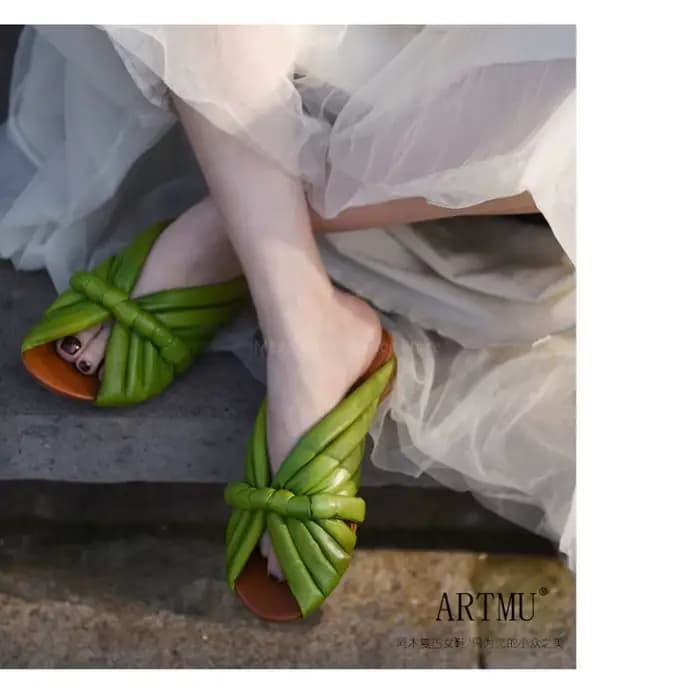 Sandales mules à nœud froncé pour femme, en cuir souple, à bout ouvert, à talon bas, beige et vert, 