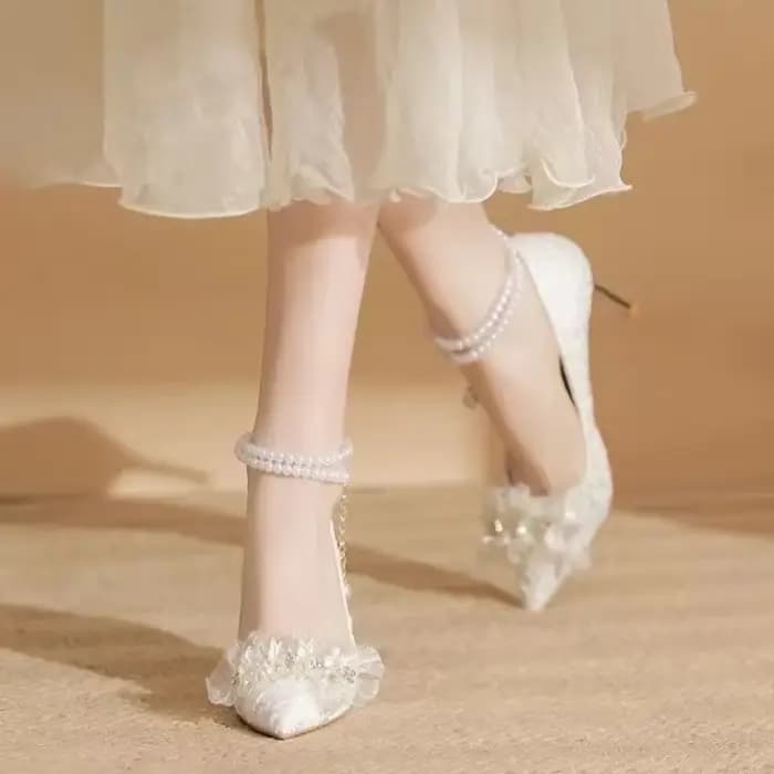 Chaussures Blanches à Talons Aiguilles et Perles pour Femme, Robe de Mariée, 2024