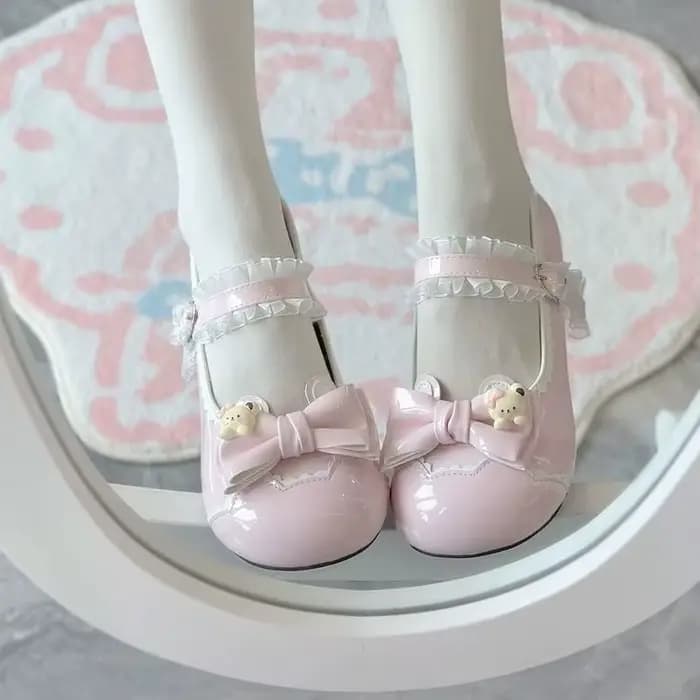 Escarpins Lolita à talon bas pour femmes, chaussures en cuir style ballerine à bout rond, avec nœud,
