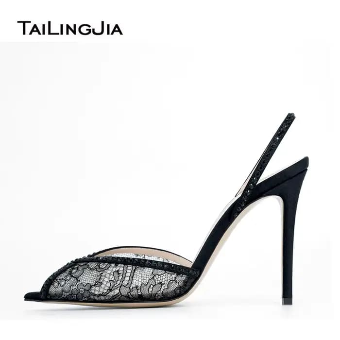 Peep Parker Lace Mesh Stiletto Slingbacks pour femmes, talons hauts pointus, chaussures de luxe
