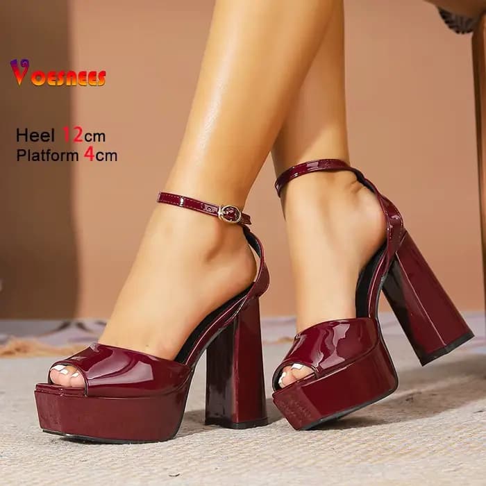 Chaussures de soirée à talons hauts épais de 12CM pour femmes, sandales à bout carré, talon bloc, sa