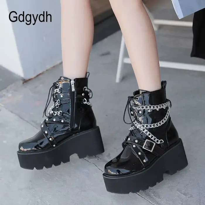 Gdgydh – bottes à chaîne Sexy pour femme, avec boucle de cheville, talon carré, semelle épaisse, Sty