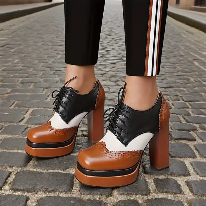 Escarpins Brogue à lacets et bout carré pour femmes, chaussures Oxford à talons hauts épais, couleur