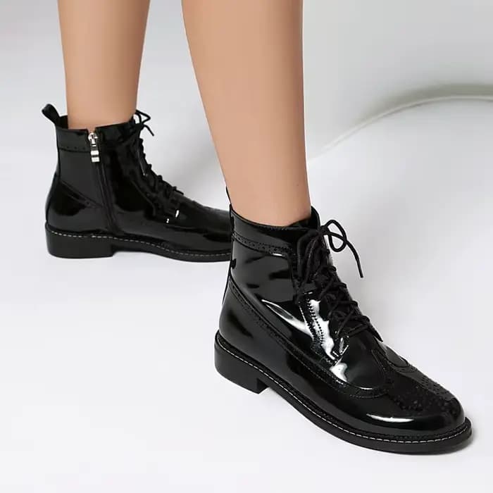 SIMLOVEYO 2025 brillant femmes bottines bout rond bloc talons 3.5 cm fermeture éclair à lacets grand