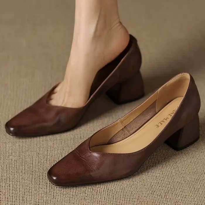 Danxuefei escarpins à enfiler en cuir de vache pour femmes, bout carré, talon moyen de 5cm d'épaisse