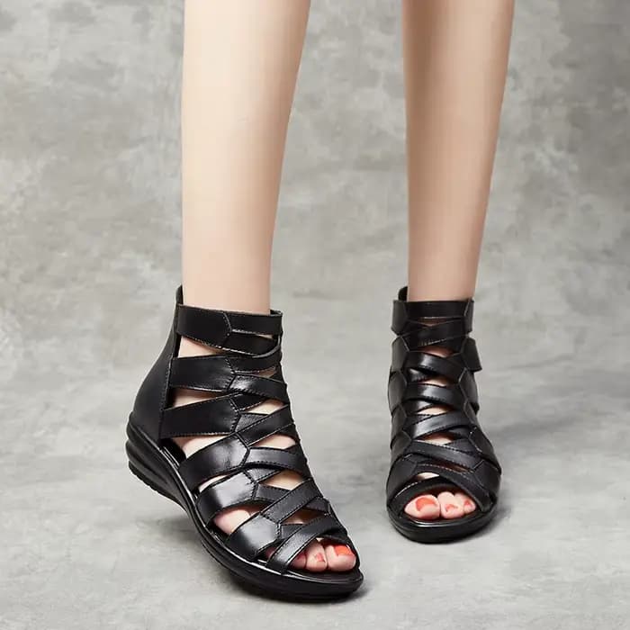 Sandales gladiateur à talons compensés pour femmes, chaussures d'été en cuir à semelle souple et con