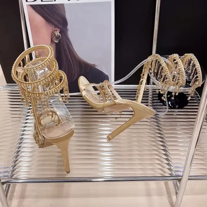 Eilyken doré cristal strass femmes sandales mode chaîne perle discothèque talon aiguille sangle enve
