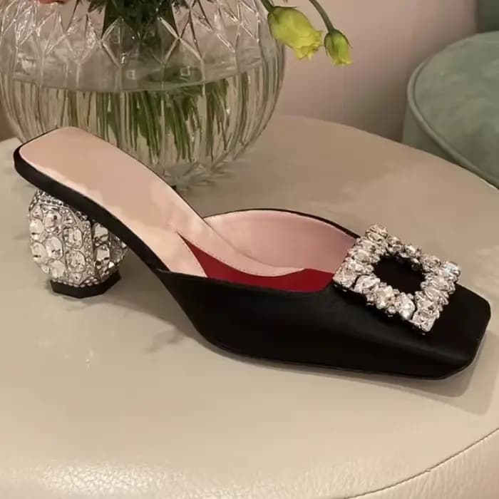 Mules carrées en biscuits pour femmes, escarpins d'été, talons hauts en cristal, chaussures pour fem