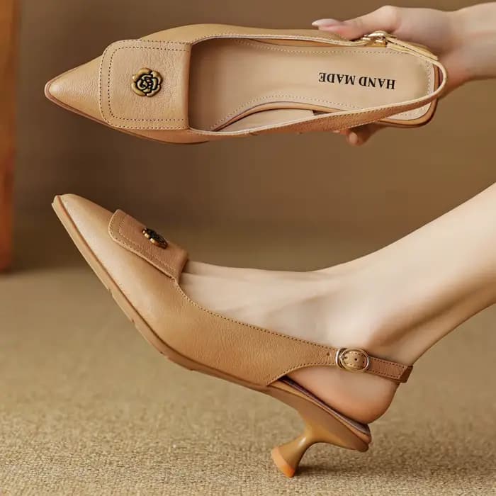 Escarpins à bride arrière en cuir véritable pour femmes, bout pointu, talon chaton, dames élégantes,