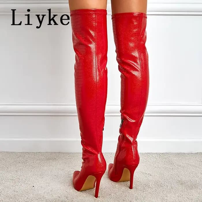Liyke – bottes en cuir imprimé serpent rouge Sexy pour femmes, au-dessus du genou, escarpins à talon