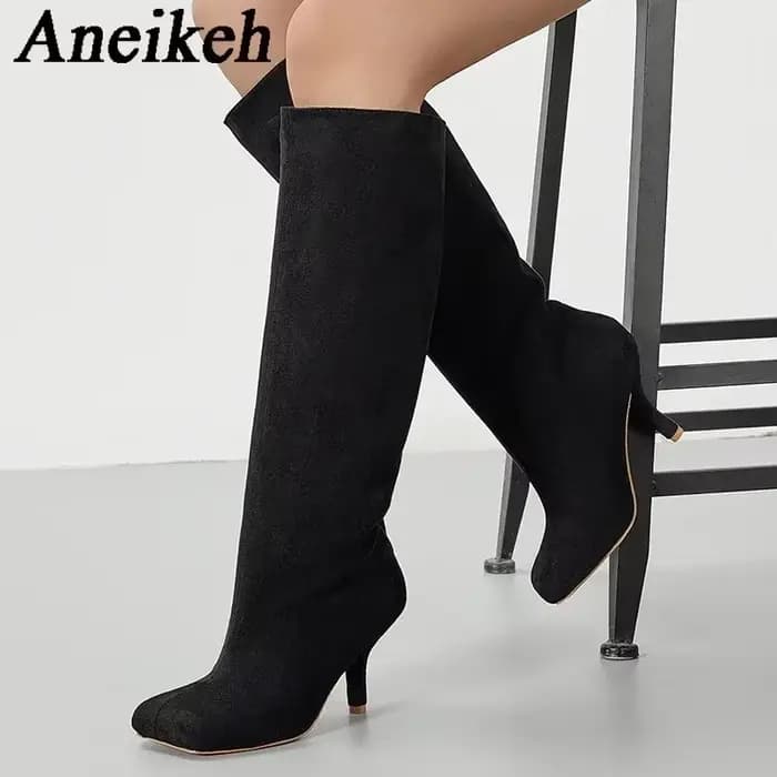 Aneikeh-Bottes Hautes au Genou pour Femme, Style de Rue, Mode, Carré, Parker, Punk, Talons Bas, Minc