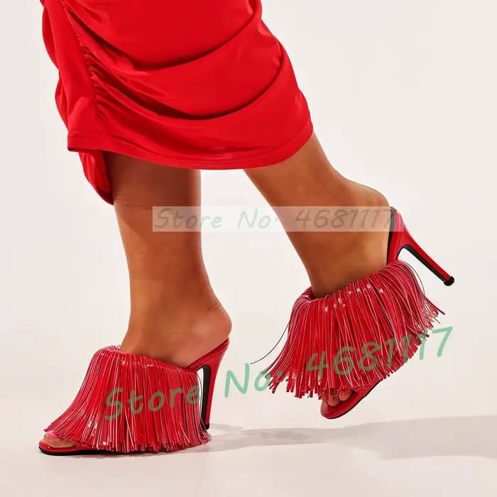 Mules à talons hauts rouges brillants à franges pour femme, sexy, élégantes, à bout rond ouvert, à b
