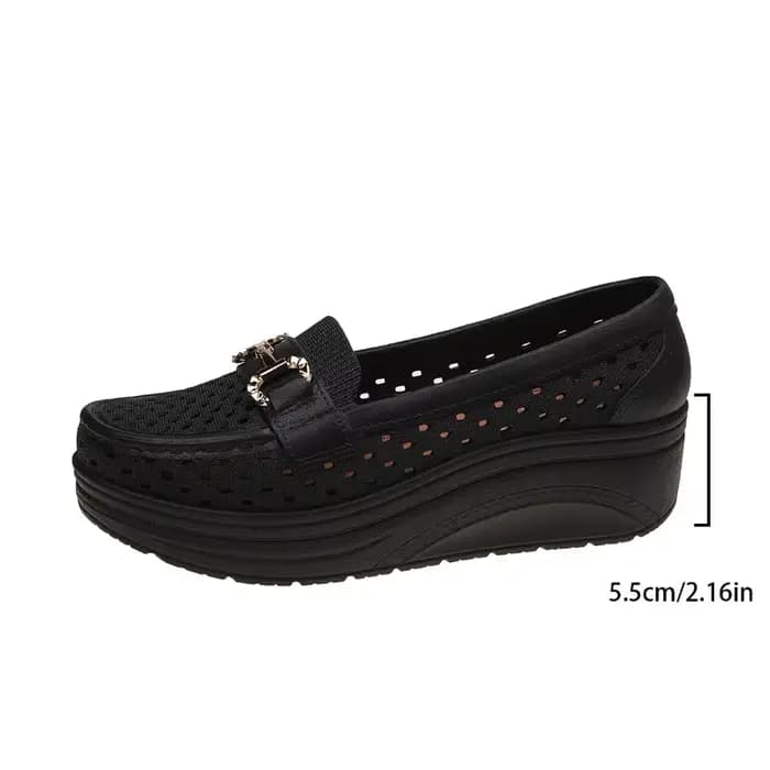 Mocassins compensés évidés pour femmes, à enfiler, avec boucle métallique, plateforme épaisse, confo
