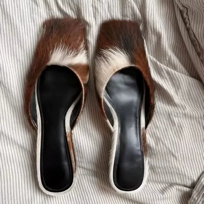 Sandales mules à bout carré imprimé vache, style western, avec fourrure de luxe et talon carré, pour