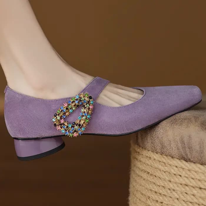 Escarpins Mary Jane à enfiler en cuir suédé naturel pour femmes, boucle en cristal, bout carré, talo
