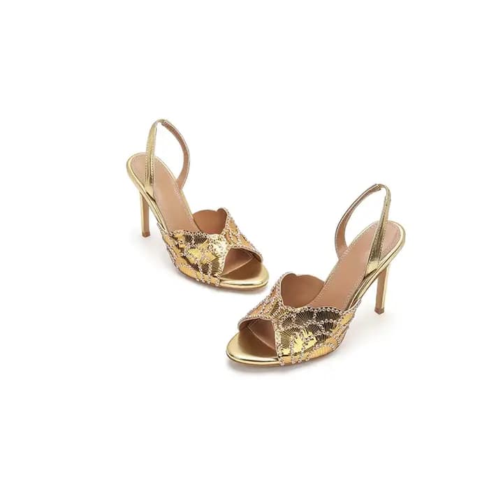 Sandales d'été dorées brillantes à talons aiguilles pour femme, élégantes pour les soirées, à bout r