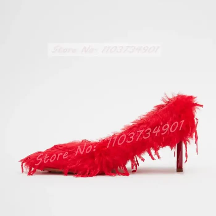Escarpins à plumes pelucheuses pour femmes, chaussures de mariage en fourrure féminine, bout pointu,