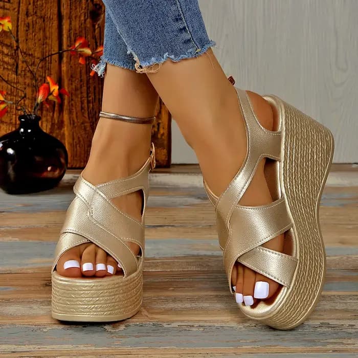 Sandales d'été à talons compensés dorés pour femmes, chaussures à talons hauts, bout ouvert, élégant