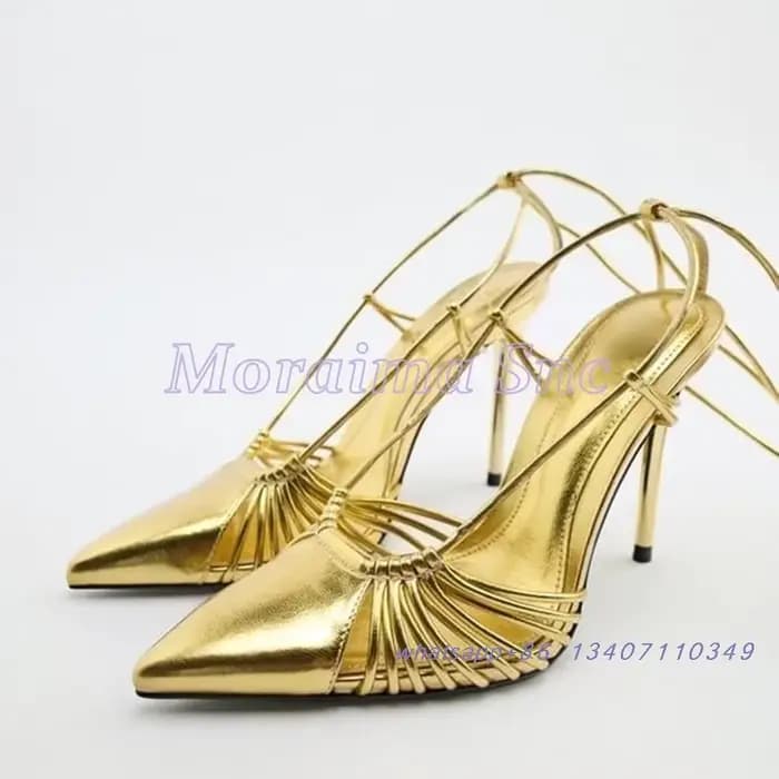 Sandales creuses pointues dorées pour femmes, bande étroite, talons aiguilles à lacets, mode sexy, b