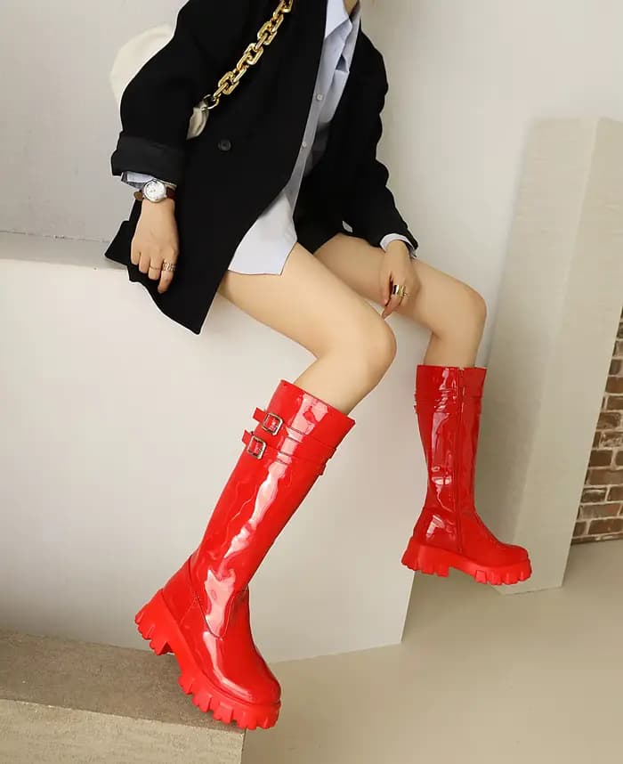 Bottes à Double boutonnage en cuir verni brillant pour femmes, longueur aux genoux, plateforme à fon