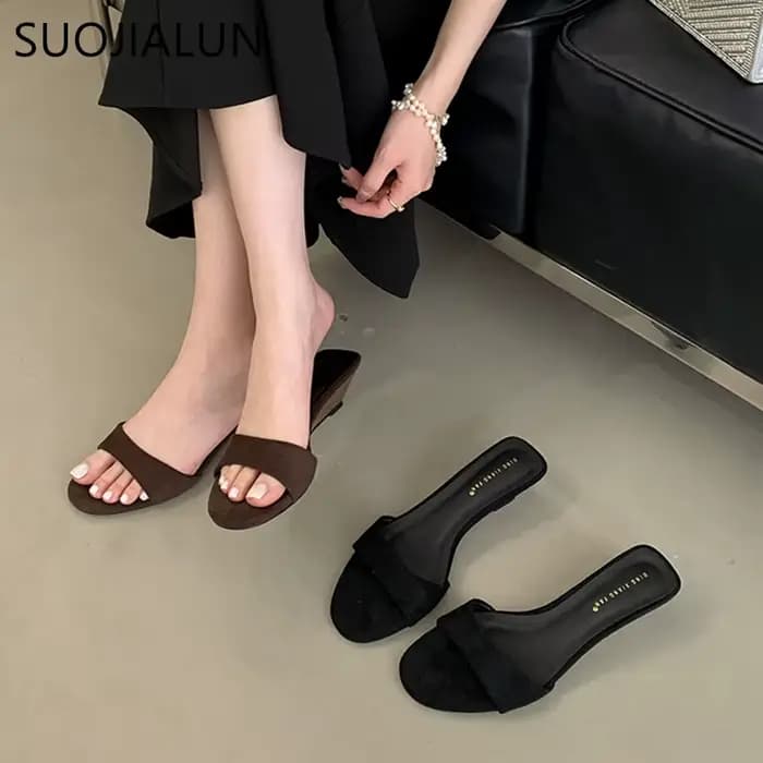 SUOJIALUN 2025 été nouvelles femmes pantoufle mode bas talon compensé dames élégantes diapositives b