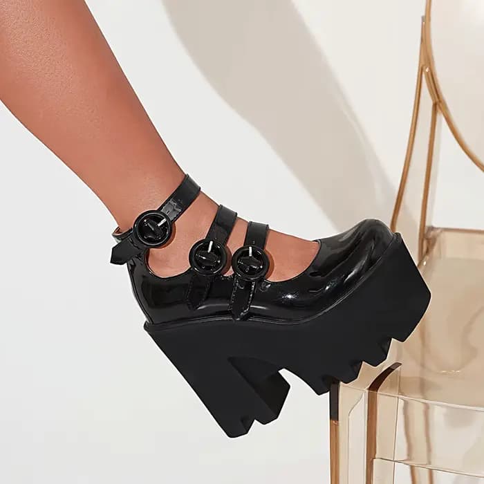 Escarpins en cuir verni brillant pour femmes, talons hauts, plateforme super haute, 3 rangées de l'o