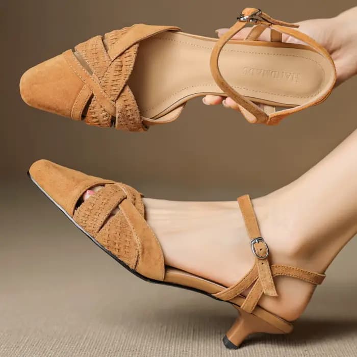 Sandales à lanières de cheville tressées en cuir suédé naturel pour femmes, escarpins d'été à talons