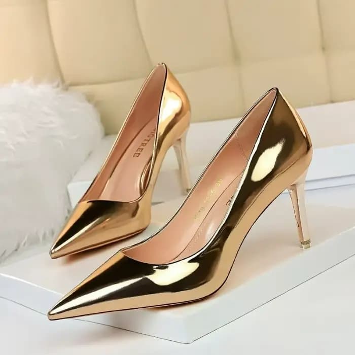 Escarpins en cuir verni à talons hauts pour femmes, chaussures de mariage à la mode, argent et or sc