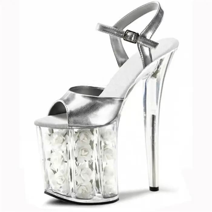 Chaussures de mariage à talons roses de 20CM, sandales à plateforme en cristal rouge avec fleurs fra