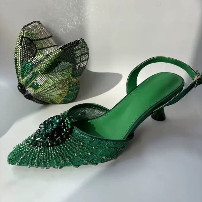 LNATISNOVA Sandales à talons aiguilles vertes en cristal pour femme - Sandales à talons aiguilles à 