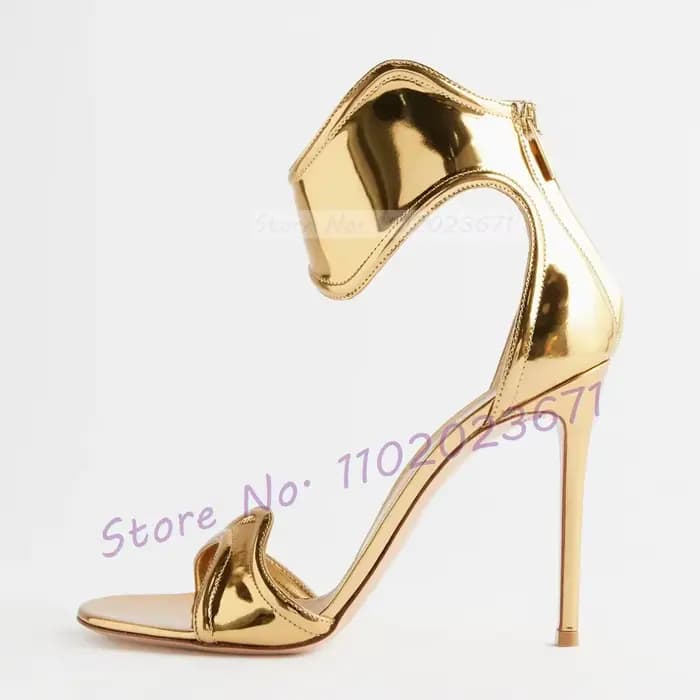 Sandales à bout ouvert pour femmes, lanières incurvées dorées, talons hauts en cuir miroir, chaussur
