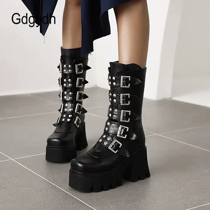Gdgydh-Bottes à Plateforme Gothiques Punk pour Femme, Chaussures Noires avec Fermeture Éclair Milita