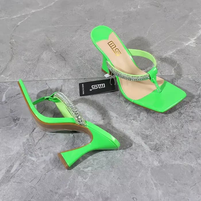 Tongs à bout carré en cristal pour femmes, talons aiguilles, vert, mode de rue, extérieur, chaussure