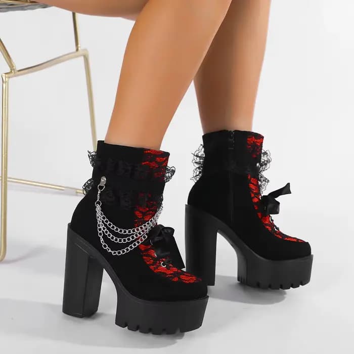 Gdgydh-Bottes gothiques vintage pour femmes, bottes de rinçage en dentelle, talon épais, fermeture à