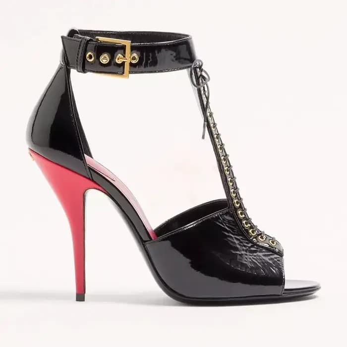 Nouvelles sandales d'été 2026 pour femme en cuir verni noir à lacets et bride cheville, à talon aigu