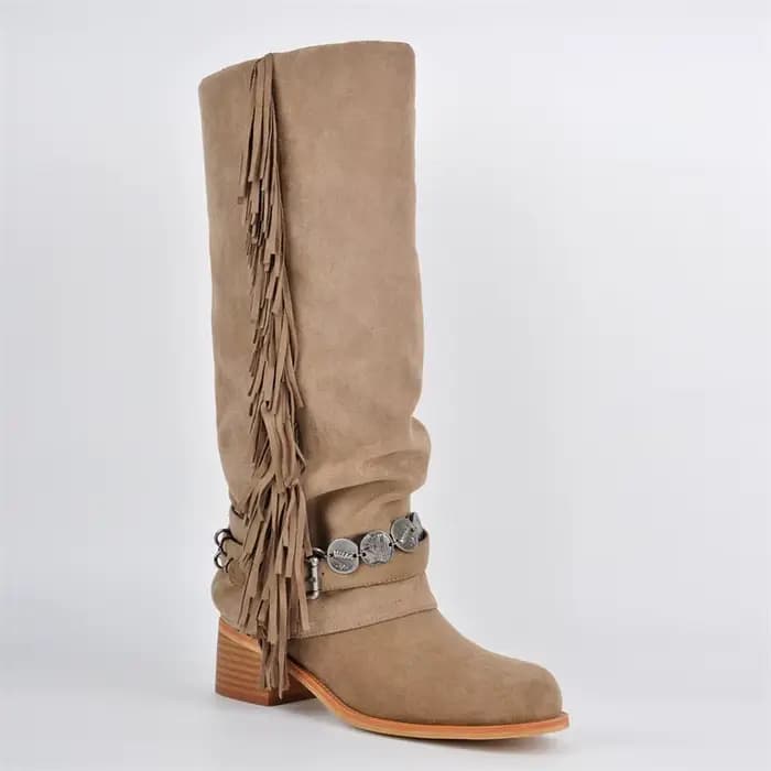 Onlymaker femmes bout rond frange plissée pli sur les bottes hautes talon bloc bottes de mode