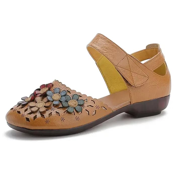 Sandales plates en cuir véritable pour femmes, chaussures à essence découpées Mary, cuir véritable a