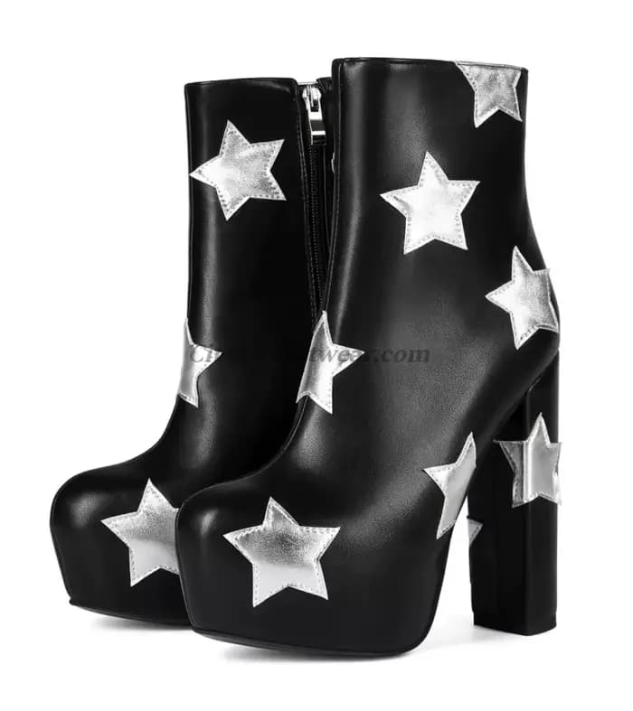 Bottines sexy à plateforme en cuir Star Laser pour femmes, talons épais dorés/argentés/noirs, bottin