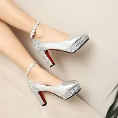 Escarpins à plateforme argentés et dorés pour femmes, talons hauts et épais, paillettes, grill, rond