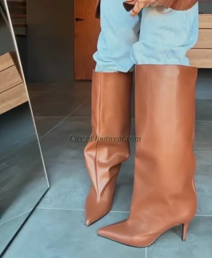 Bottes hautes en cuir marron/noir sexy pour femmes, à enfiler, imprimé fleurs bleues, bout pointu, t