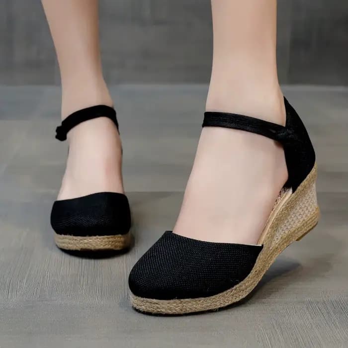 Sandales compensées tressées pour femme, style espadrille, avec nœud et bride cheville, en lin, talo