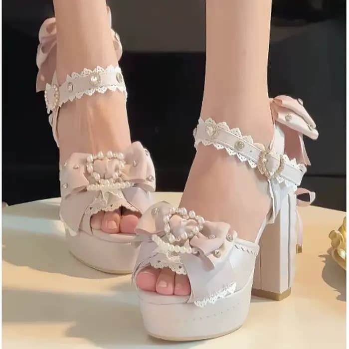 Sandales plateforme blanches Lolita avec nœud, perles et dentelle, talon carré, bout ouvert, bride c