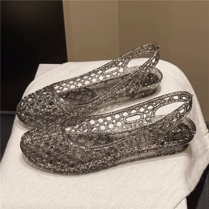 Sandales d'été pour femme en gelée de cristal ajourées, à bout ouvert, style bouche de poisson, plat