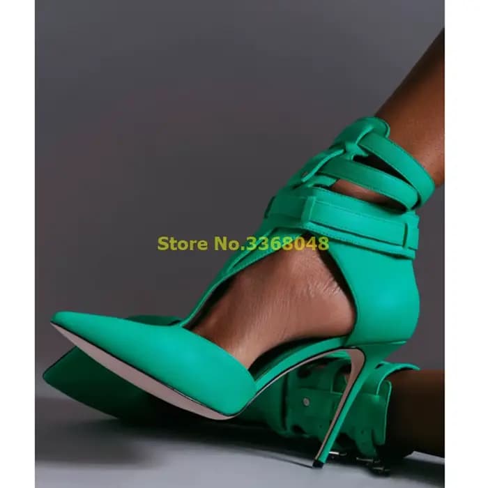 Escarpins à lanières en T en cuir vert, talon aiguille fin, chaussures provoqué sexy et pointues, mo