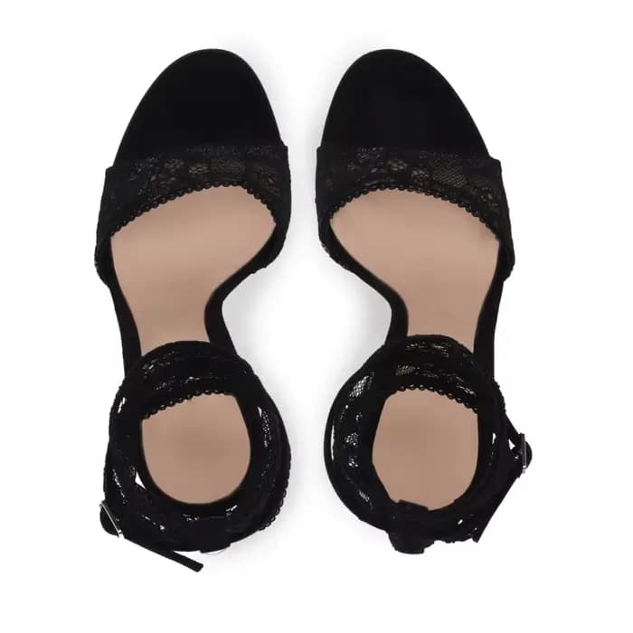 Sandales à talons hauts en dentelle extensible noire, chaussures habillées en résille dorée, lanière